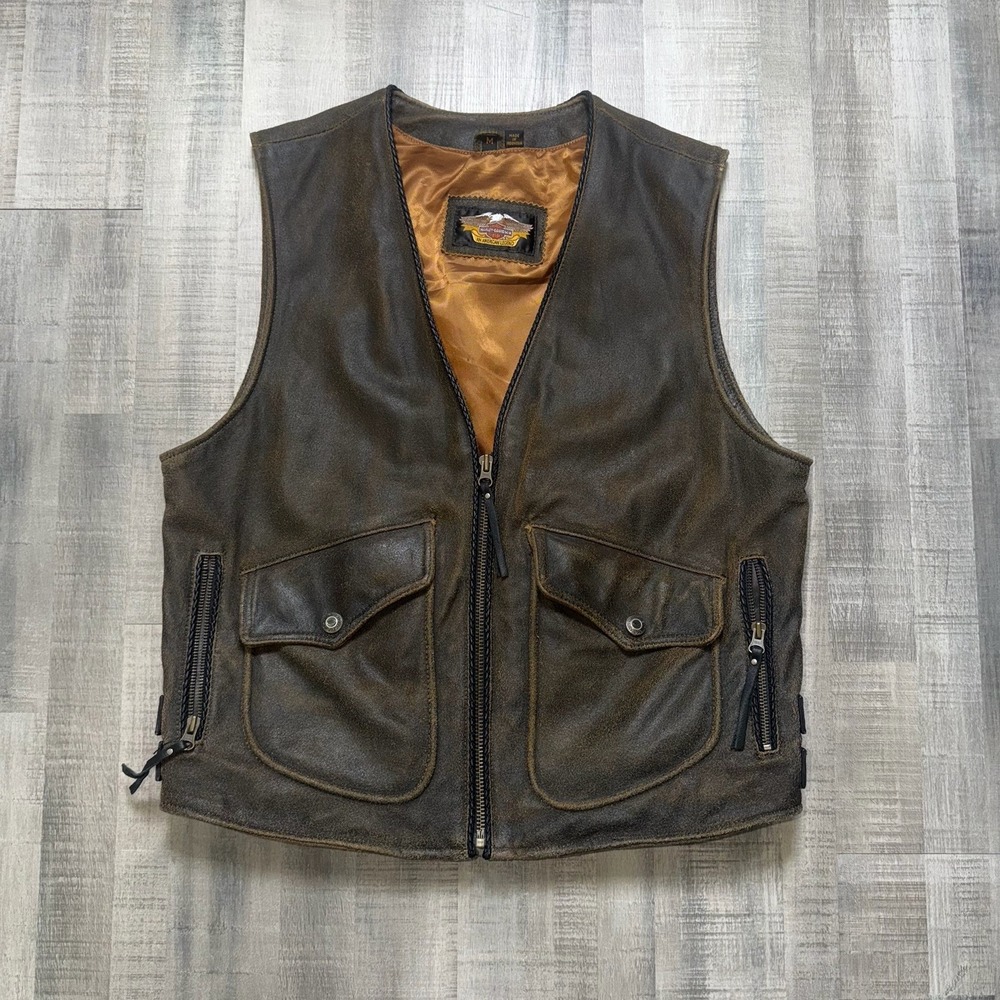 Vintage Harley Davidson Leather Vest Men's Medium Distressed Biker Zip Front